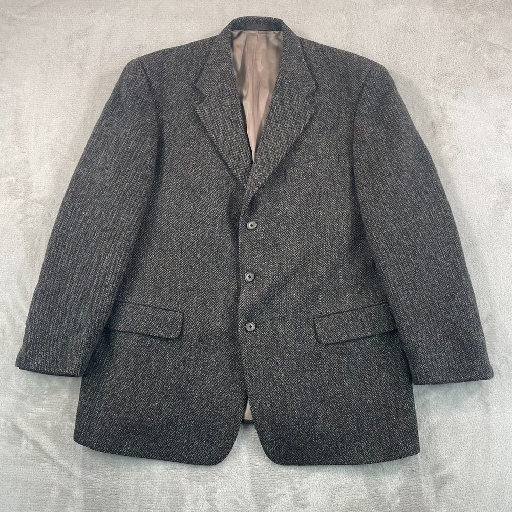 Vintage Harris Tweed Sport Coat Blazer Men 44L Brown Herringbone‎ 100% Wool USA